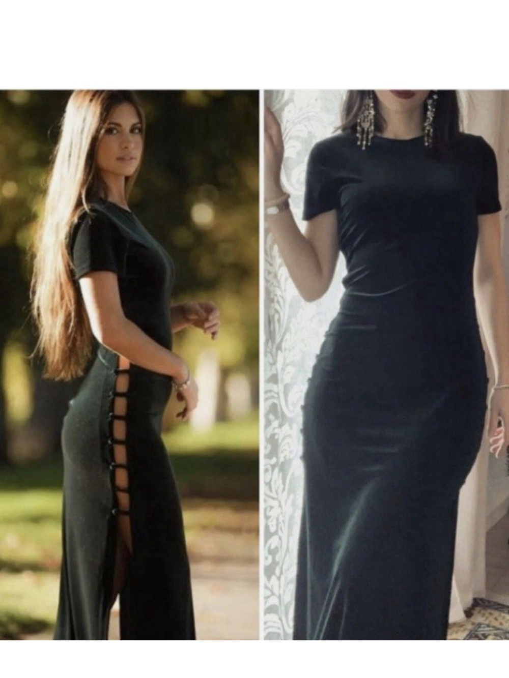 Zara Black-Green Velvet Midi Dress with Side Loop Cutouts